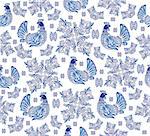 Illustration of abstract seamless background with gzhel birds and ornament