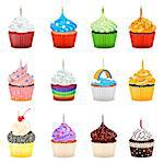 Vector Illustration Of Cupcakes with various topping. Useful As Icon, Illustration And Background For Food Theme.