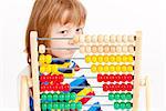 Boy Looking at Colorful Wooden Abacus Thinking - Isolated on White