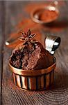 Delicious chocolate muffins with anise star and cocoa close-up.