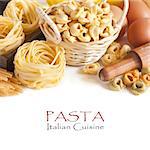 Assortment of pasta on a white background.