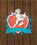 Vintage card for Valentine's Day with red heart and cupid