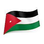 National flag of Jordan: black, white and green horizontal stripes, red triangle with white star on left side