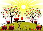 vector table with baskets of apples in garden, Adobe Illustrator 8 format