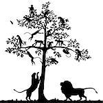 Editable vector silhouette of monkeys in a tree and a pair of lions below with all figures as separate objects