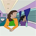 Mother and daughter sitting in dinner car on train