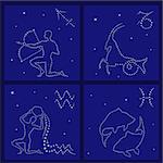 Four Zodiac signs on the starry sky vector illustration: Sagittarius, Capricorn, Aquarius, Pisces