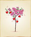 Valentine vector background with flowering tree