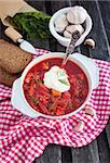 Ukrainian and russian national red borsch with sour cream