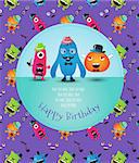 Hipster Monster Happy Birthday Card. Vector Illustration