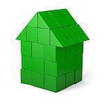 Green house made of wooden cubes isolated on white background