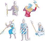 Set of medieval knights and warriors with axes. Vector illustration.