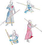 Set of medieval knights with spears. Vector illustration.
