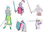 Set of medieval knights with swords. Vector illustration.