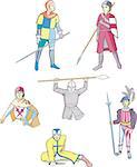 Set of medieval knights and warriors with spears and other weapon. Vector illustration.