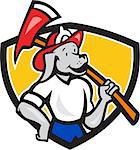 Illustration of a mascot dog canine fireman fire fighter emergency worker with fire axe looking to side set inside shield done in cartoon style.