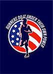 Poster greeting card illustration showing a marathon runner running jogging with American stars and stripes flag set inside circle done in retro style with words Runners do it under their own power.