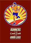 Poster greeting card illustration showing a marathon triathlete runner running done in retro style with words Runners don't need good luck, they need good legs.