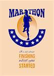 Poster greeting card illustration showing marathon triathlete runner running done in retro style with words Marathon, it's all about finishing what you started.