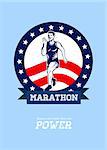 Poster greeting card illustration showing a Marathon road runner jogger fitness training road running with American stars and stripes in background inside circle with words Runners do it under their own power.