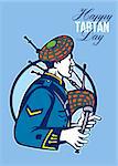 Greeting card poster showing illustration of a scotsman bagpiper playing bagpipes viewed from side set inside circle with words Happy Tartan Day.