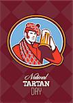 Greeting card poster showing illustration of a Scotsman Scottish beer drinker raising beer mug drinking looking up wearing tartan and beret hat set inside oval done in retro style with words National Tartan Day.