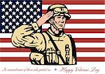 Greeting card poster showing illustration of an American soldier serviceman saluting with stars and stripes flag in background Happy Veterans Day in remembrance to those who protect us.