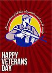 Greeting card poster showing illustration of an American soldier serviceman with assault rifle looking to side set inside circle with words Happy Veterans day.