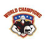 Illustration of an american football gridiron tackle linebacker player hand on hip holding helmet facing front set inside crest shield with stars done in retro style with words World Champions.