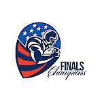 Illustration of an american football gridiron rushing running back player running with ball facing side set inside shield shape done in retro style with words Finals Champions.