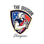 Illustration of an american football gridiron quarterback player holding preparing to throw ball facing front set inside crest shield with stars and stripes flag done in retro style with words The Division Champions.