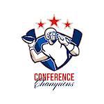 Illustration of an american football gridiron quarterback player throwing ball facing side set inside crest shield with stars and stripes flag done in retro style with words Conference Champions.