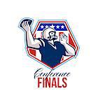 Illustration of an american football gridiron quarterback player throwing ball facing side set inside crest shield with stars and stripes flag done in retro style with words Conference Finals.