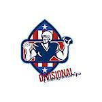 Illustration of an american football gridiron quarterback player throwing ball facing side set inside crest shield with stars and stripes flag done in retro style with words Divisional Championships.