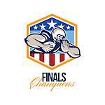 Illustration of an american football gridiron running back player running with ball facing front fending off with arm set inside USA stars and stripes crest shield done in retro style with words Finals Champions.