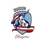 Illustration of an american patriot soldier football gridiron quarterback passing ball facing side carrying stars and stripes flag set inside crest shield done in retro style with words Division Champions.