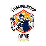 Illustration of an american football gridiron quarterback player throwing ball facing side set inside crest shield with stars done in retro woodcut style with words Championship Game Finals.
