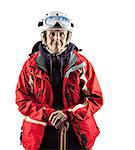 Senior woman in ski jacket and helmet over white. With clipping path.