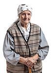 Portrait of a smiling senior woman looking at the camera. Over white background.