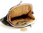 open purse with euro coins on white background