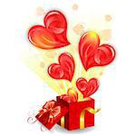 Concept for Valentine's Day with Hearts, taking off from gift box with Bow, vector isolated on white background