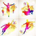 Bright Rainbow Silhouette Soccer Player and Winner Man with Fans on grunge background, vector illustration