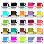 Illustration of set of coffee cups in various shapes and colors.