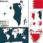 Vector map of Bahrain with regions, coat of arms and location on world map