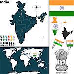 Vector map of India with regions, coat of arms and location on world map