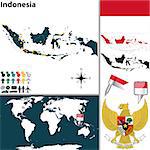 Vector map of Indonesia with regions, coat of arms and location on world map