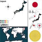 Vector map of Japan with regions, coat of arms and location on world map