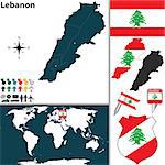 Vector map of Lebanon with regions, coat of arms and location on world map