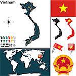 Vector map of Vietnam with regions, coat of arms and location on world map