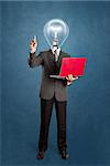 Idea concept. Lamp head business man shows something with his finger